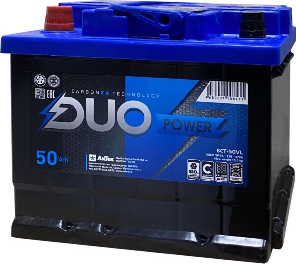 Батарея аккумуляторная DUO POWER DUOPA503L 50А/ч 470А прямая полярн. стандартные (Европа) клеммы