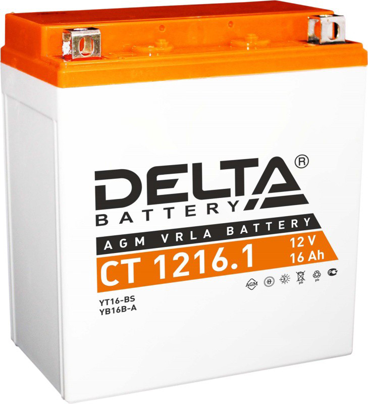 Батарея аккумуляторная DELTA Battery CT12161 мото AGM 16А/ч 230А 12V Прямая полярн. болтовые мото клеммы