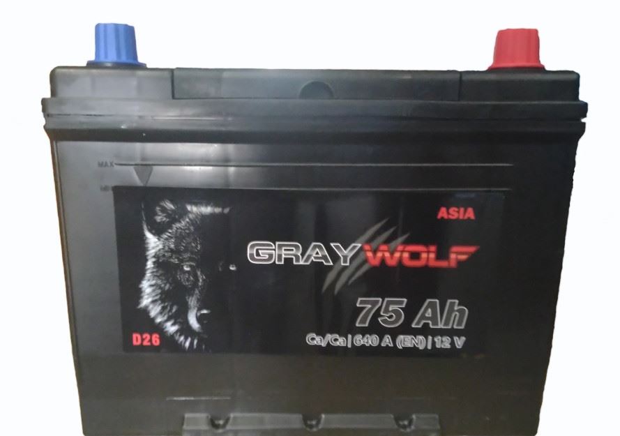 Батарея аккумуляторная GRAYWOLF GWJ750 75А/ч 640А обратная полярн. выносные (Азия) клеммы