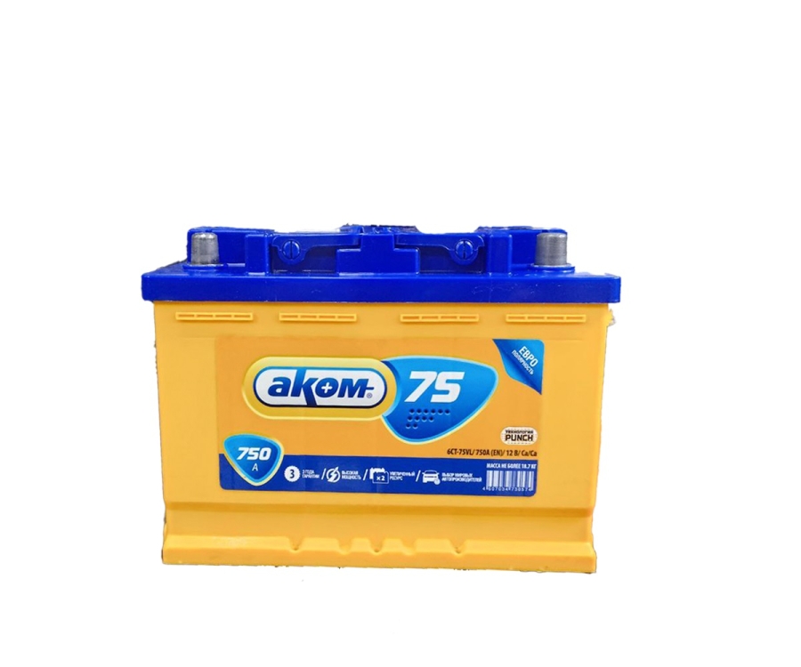 Батарея аккумуляторная АКОМ 6CT750LA АКОМ 75А/ч 750А 12V Обратная полярн. стандартные клеммы 